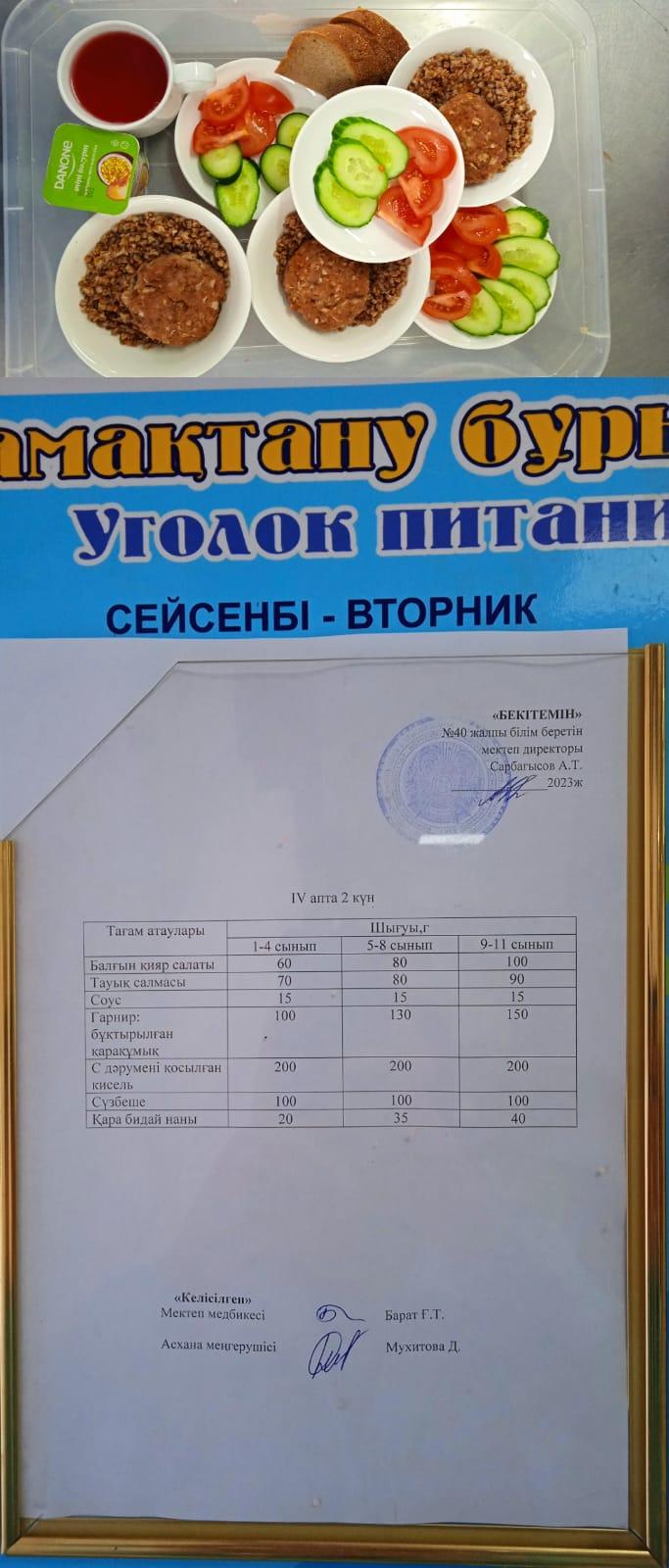 1 күндік ас мәзірі. IV апта 2 күн