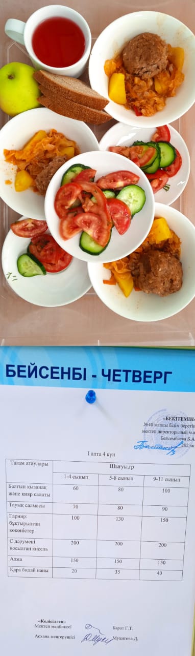 1 күндік ас мәзірі. І апта 4 күн