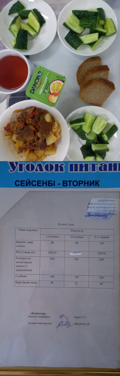 1 күндік ас мәзірі. ІІ апта 2 күн