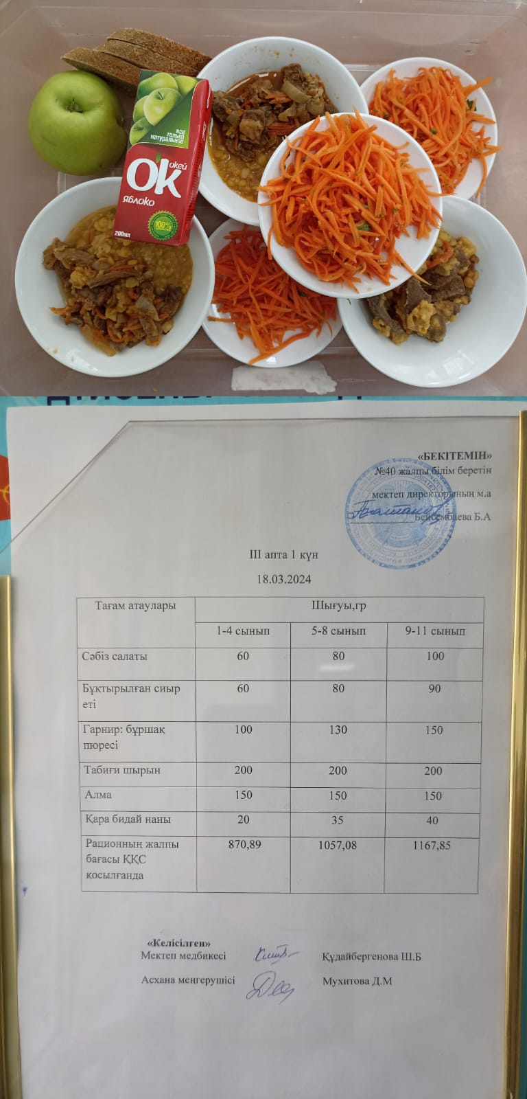 1 күндік ас мәзірі III апта 1 күн